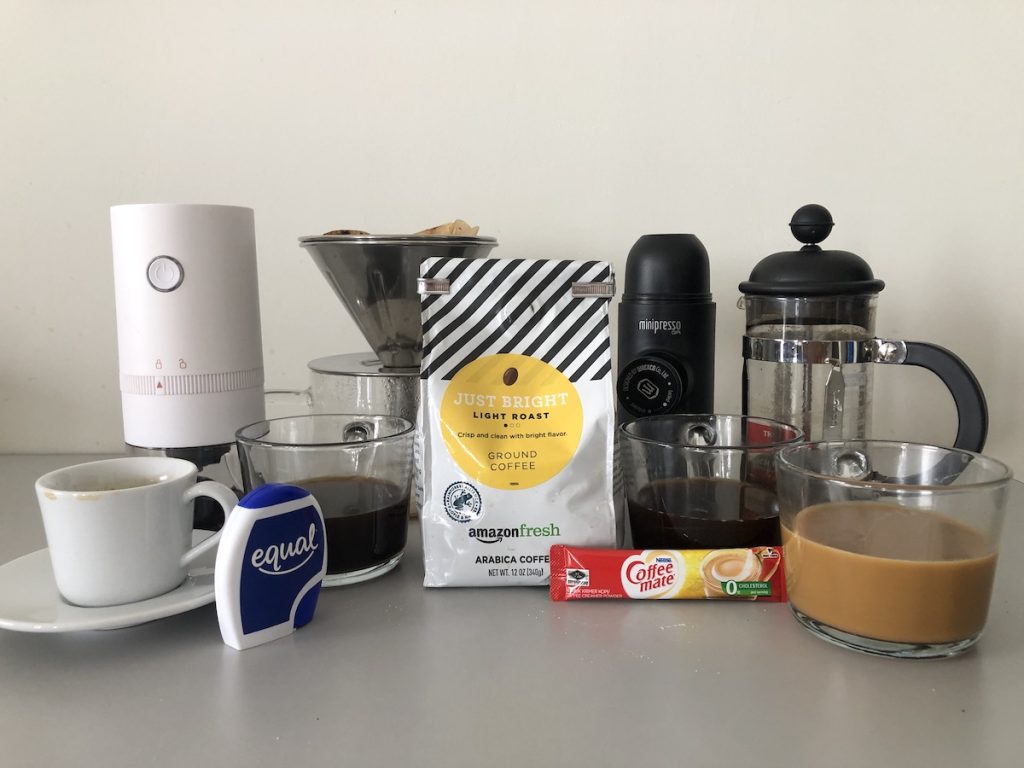 Amazon Fresh Just Bright coffee bag and coffees