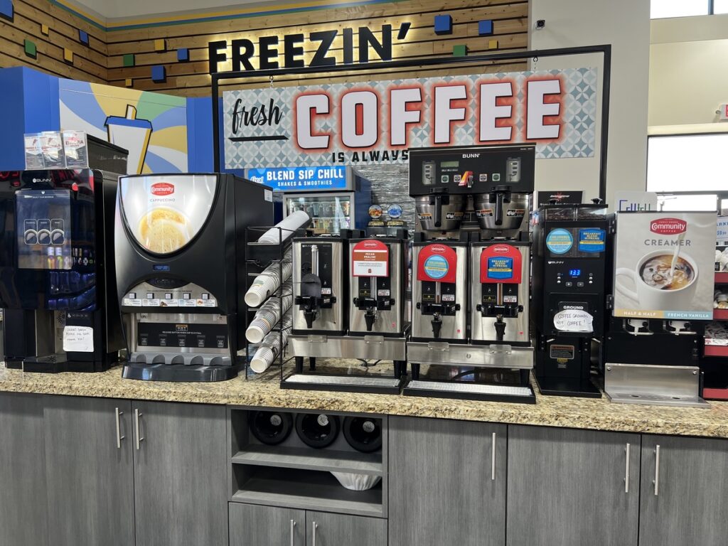 Abbott's travel center coffee station with Bunn commercial coffee machines