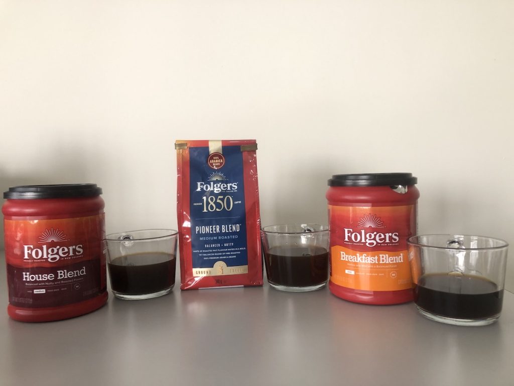 selection of folgers coffee beans house, 1850 pioneer blend and breakfast blend coffees