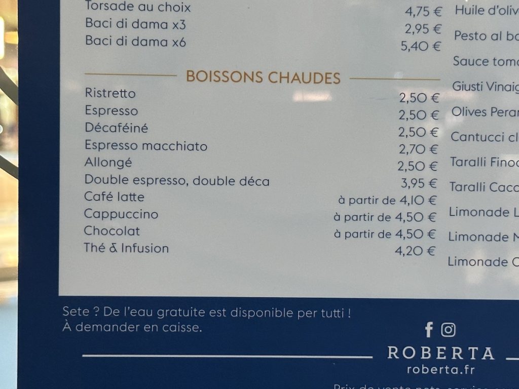 French menu with espresso spelled with an S, not expresso