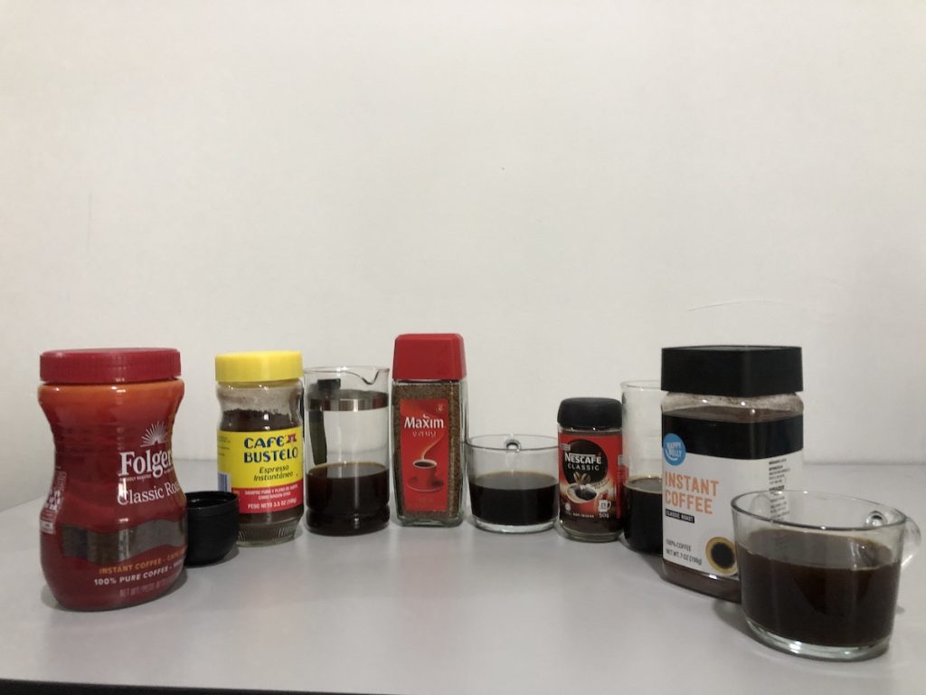 folgers, bustelo, maxim, nescafe and happy belly instant coffees