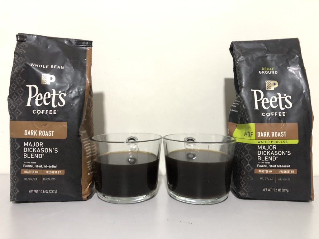 Peet's major dickason dark roast decaf and regular coffees, side by side