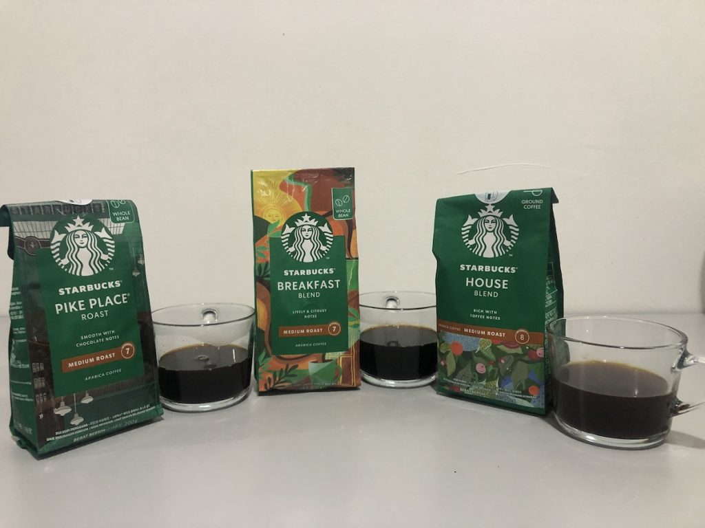 Starbucks pike place, breakfast blend and house blend coffee beans compared