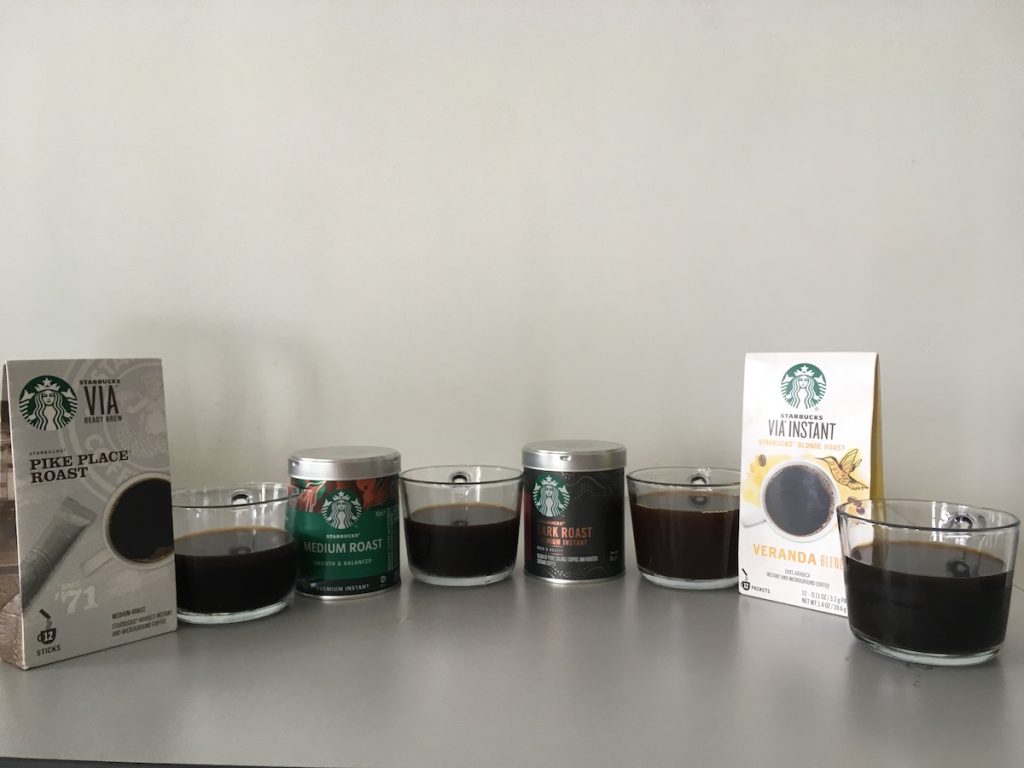 Pike Place Roast instant coffee, Starbucks via instant coffee, and starbucks Premium instant coffees