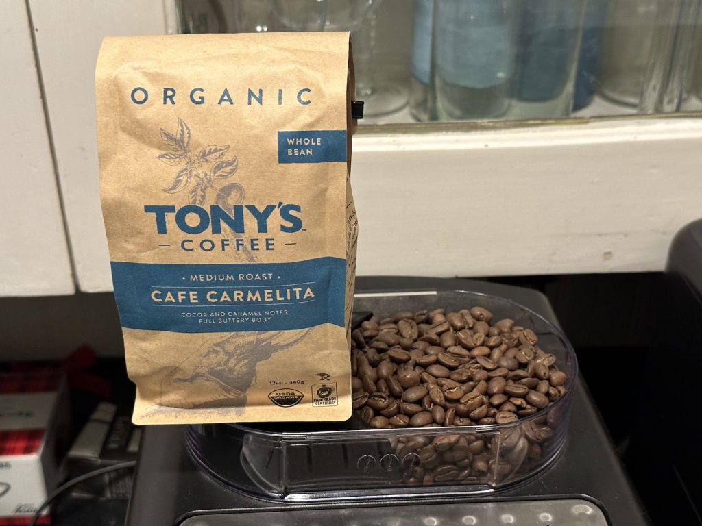 Tony's coffee beans with flavor notes on the bag
