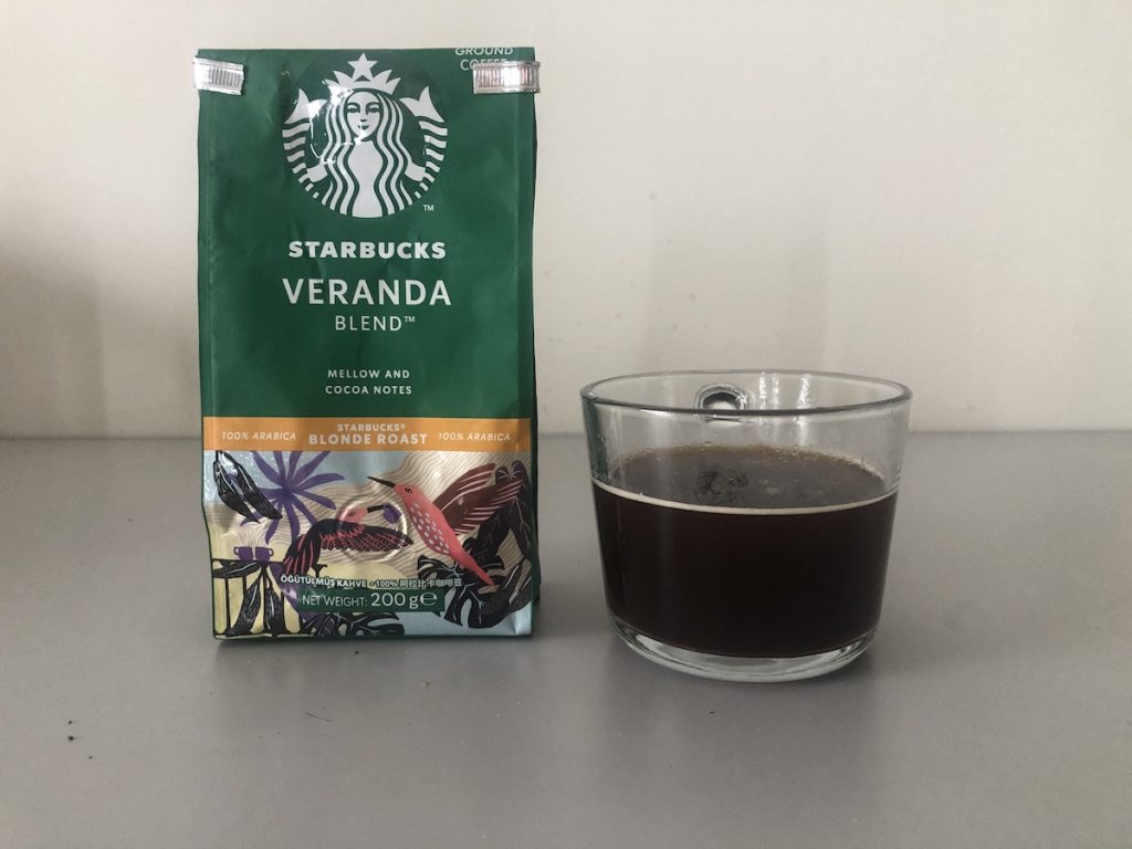 starbucks veranda blend ground coffee bag and cup of coffee